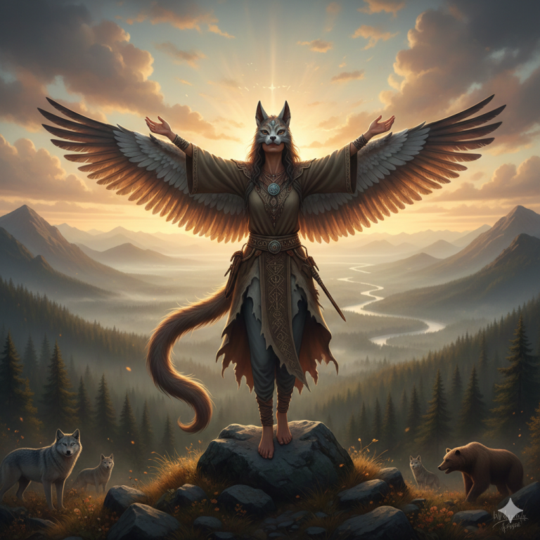 Figura simbólica con alas y máscara de lobo sobre una montaña al amanecer, rodeada de animales salvajes, representación de identidad y construcción simbólica.